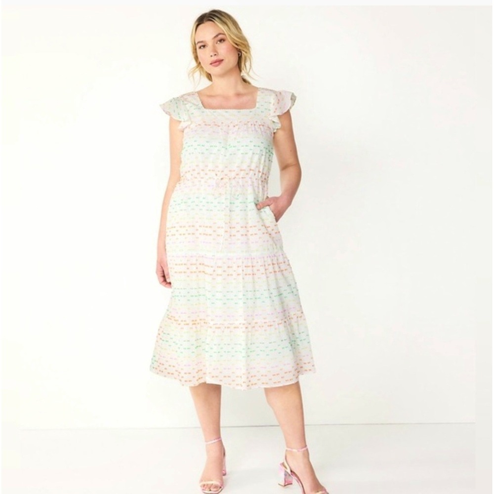 Draper James Rainbow Dot Tiered Midi Dress White Flutter Sleeves Pockets - Picture 2 of 15